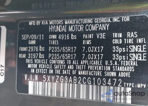 2012 Hyundai Santa Fe Gls z USA, uszkodzony, nr VIN 5XYZG3AB2CG103472